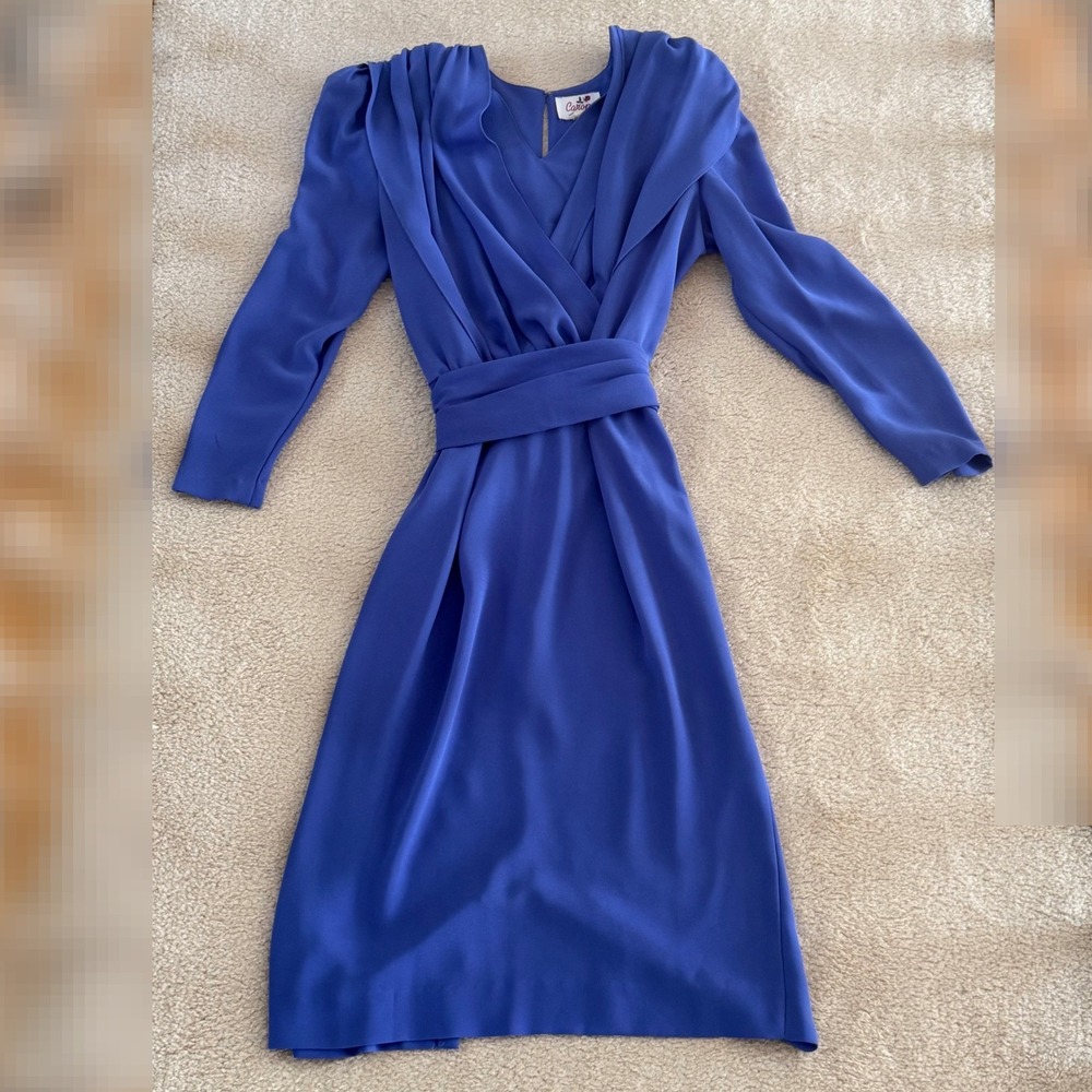 Vintage Caron Chicago Blue Draped‎ Midi Dress with Sash Belt Made in USA Size 14